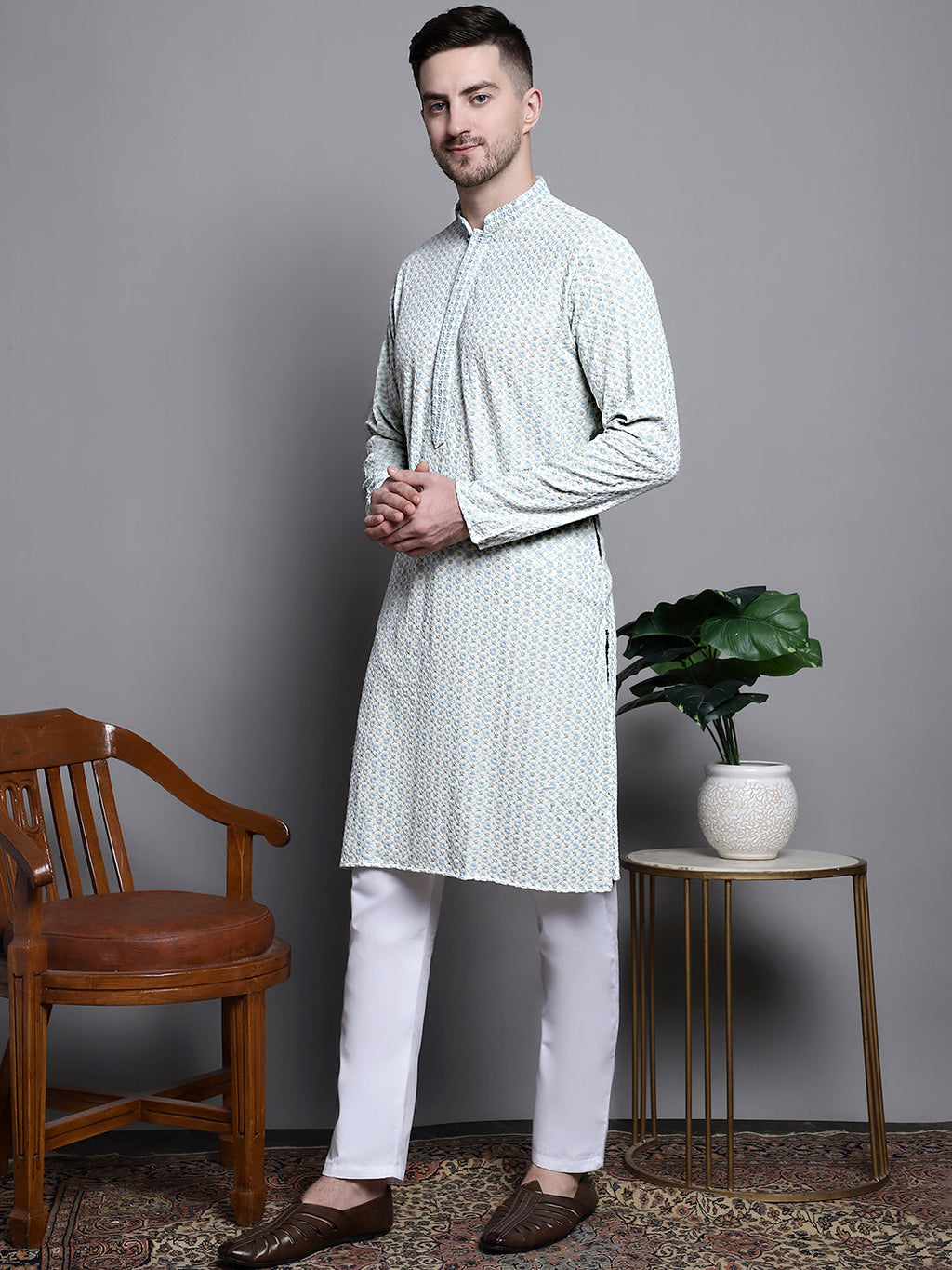 Jompers Men's Sequin Embroidered Pure Cotton Kurta with Pyjamas - Yellow