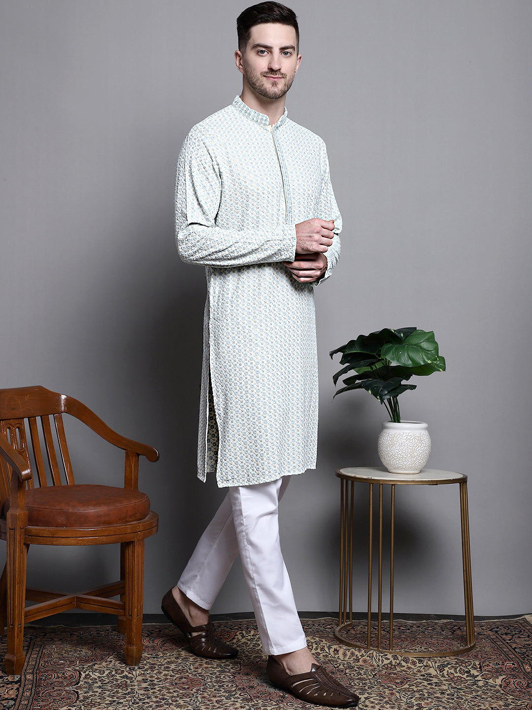 Jompers Men's Sequin Embroidered Pure Cotton Kurta with Pyjamas - Yellow