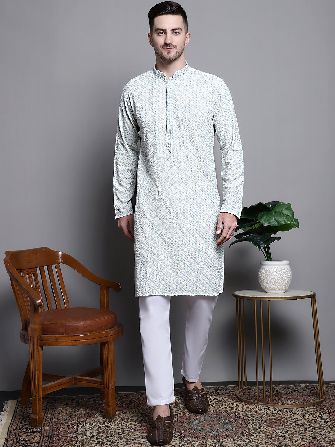 Jompers Men's Sequin Embroidered Pure Cotton Kurta with Pyjamas - Yellow
