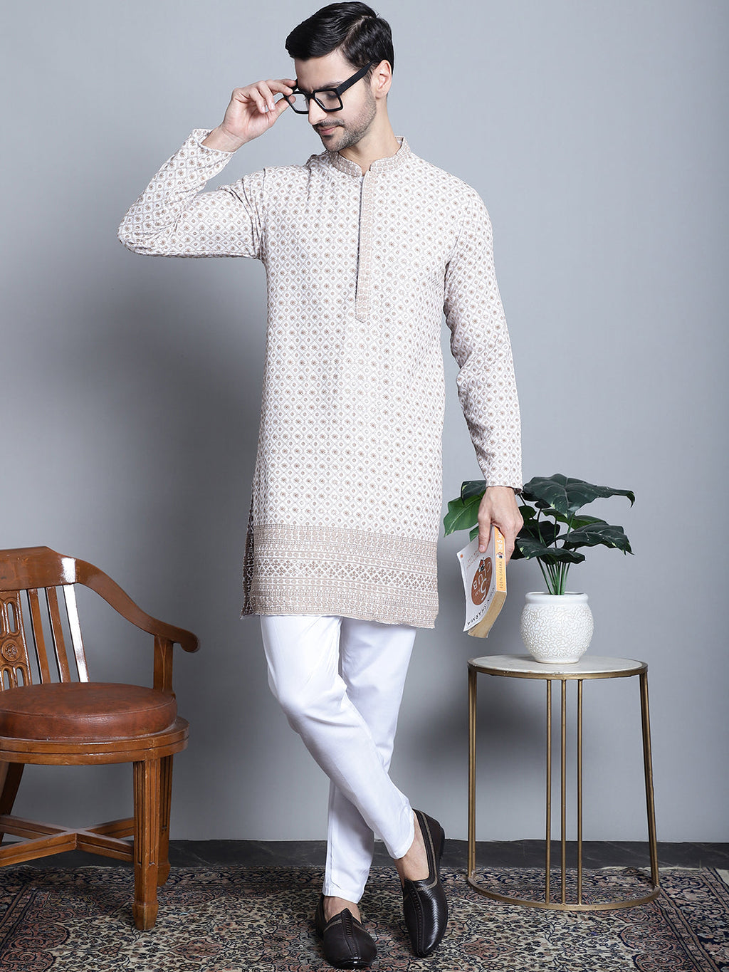 Jompers Men's Chikankari Embroidered Kurta with Pyjama - Beige
