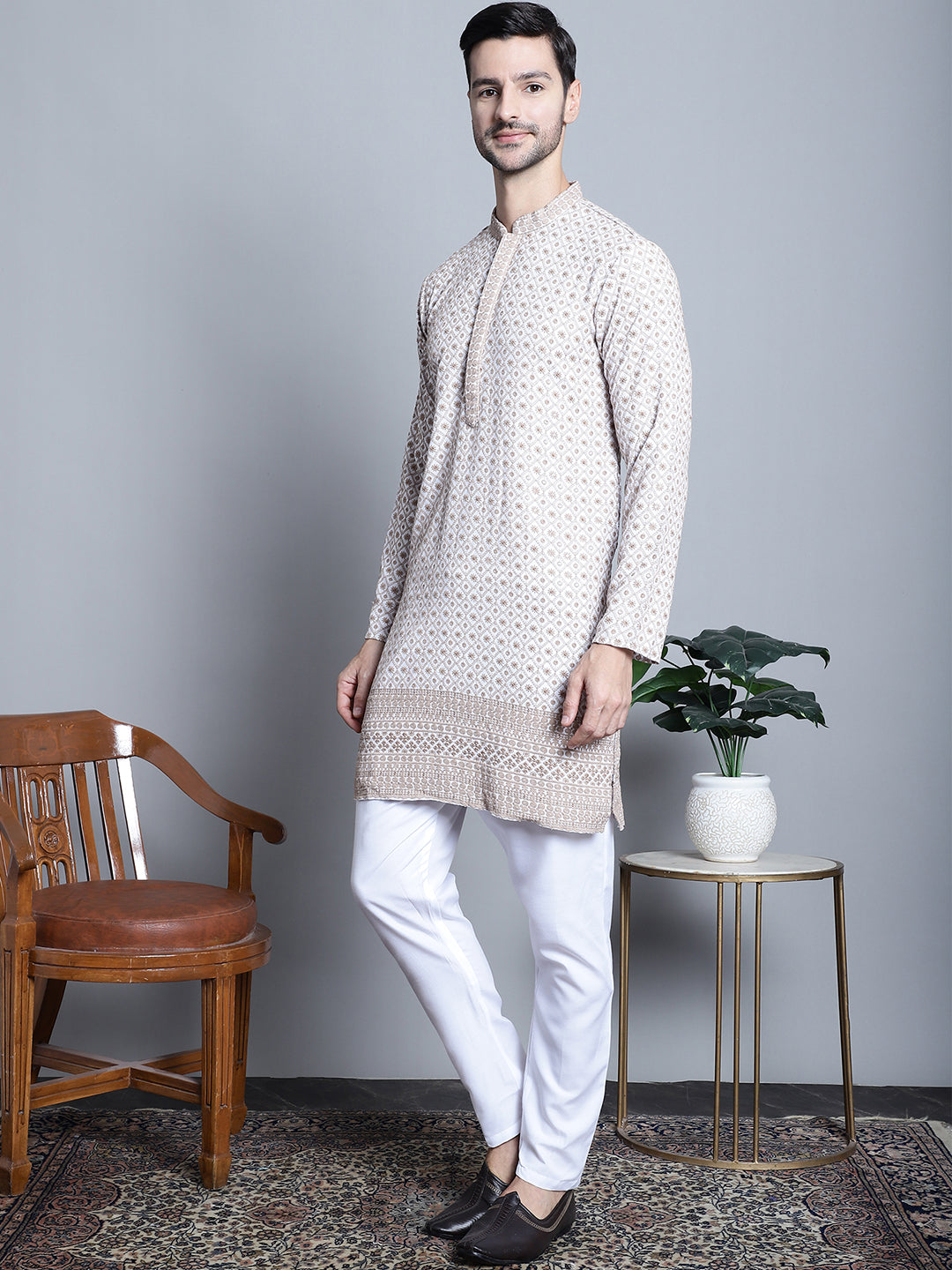 Jompers Men's Chikankari Embroidered Kurta with Pyjama - Beige