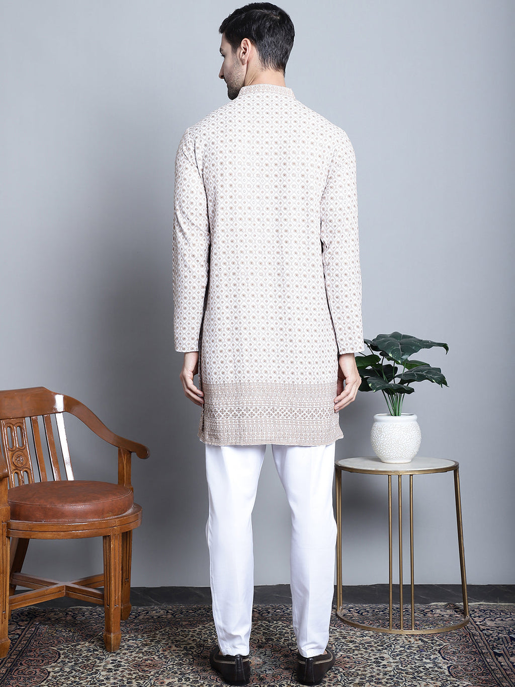 Jompers Men's Chikankari Embroidered Kurta with Pyjama - Beige