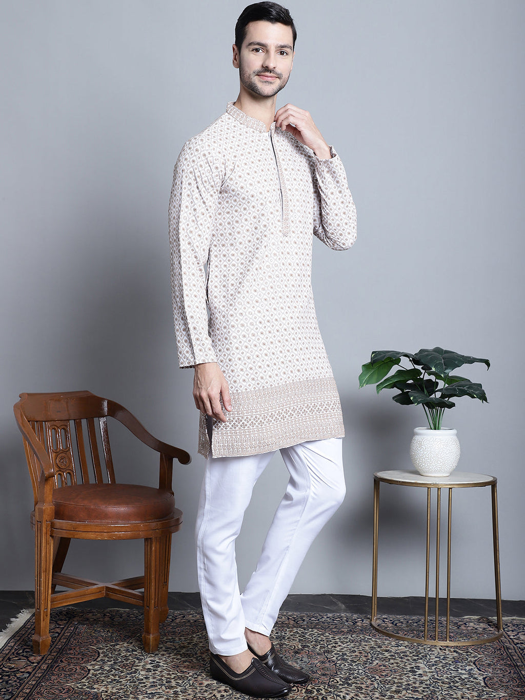 Jompers Men's Chikankari Embroidered Kurta with Pyjama - Beige