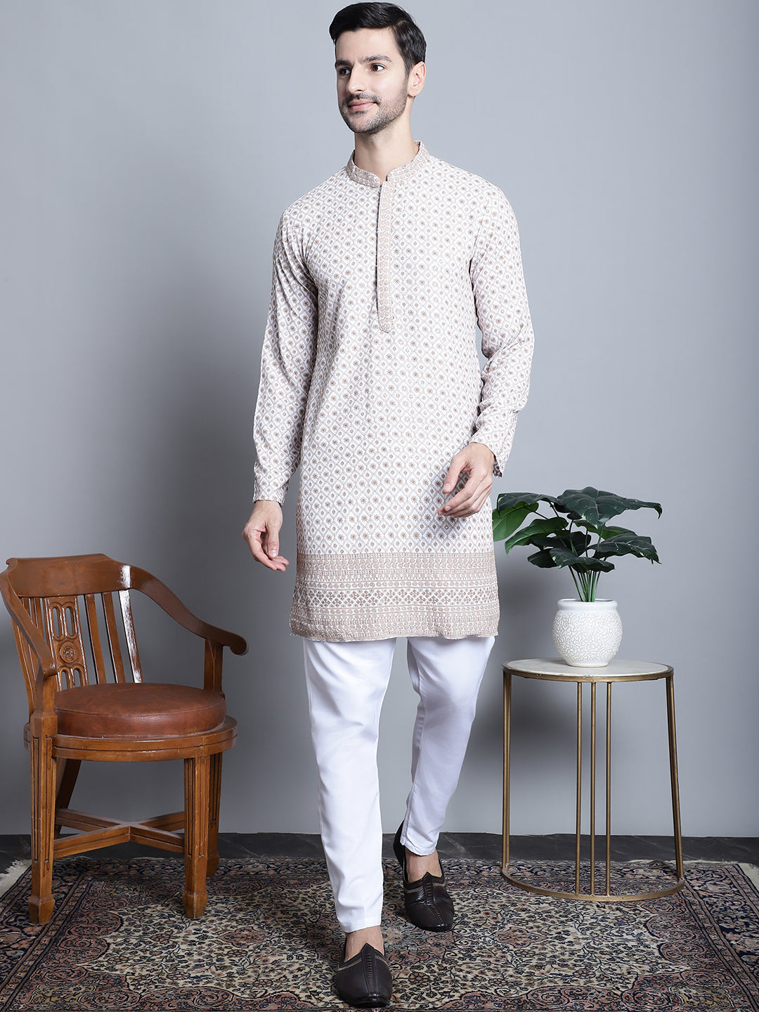 Jompers Men's Chikankari Embroidered Kurta with Pyjama - Beige