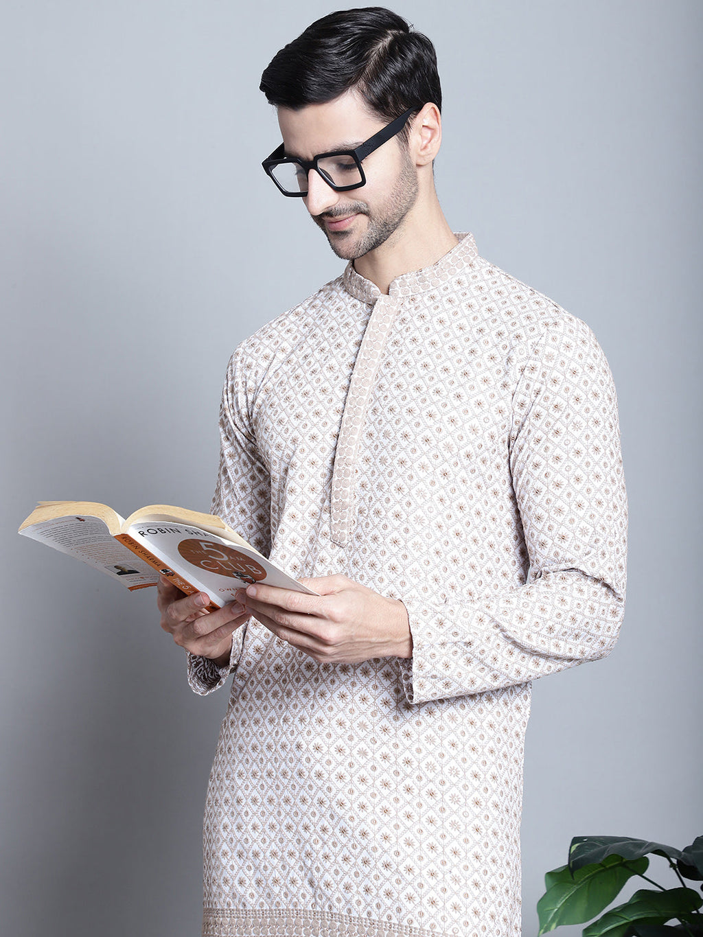 Jompers Men's Chikankari Embroidered Kurta with Pyjama - Beige
