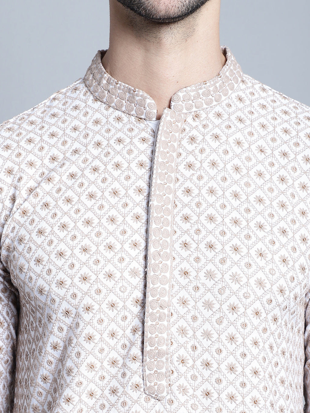Jompers Men's Chikankari Embroidered Kurta with Pyjama - Beige