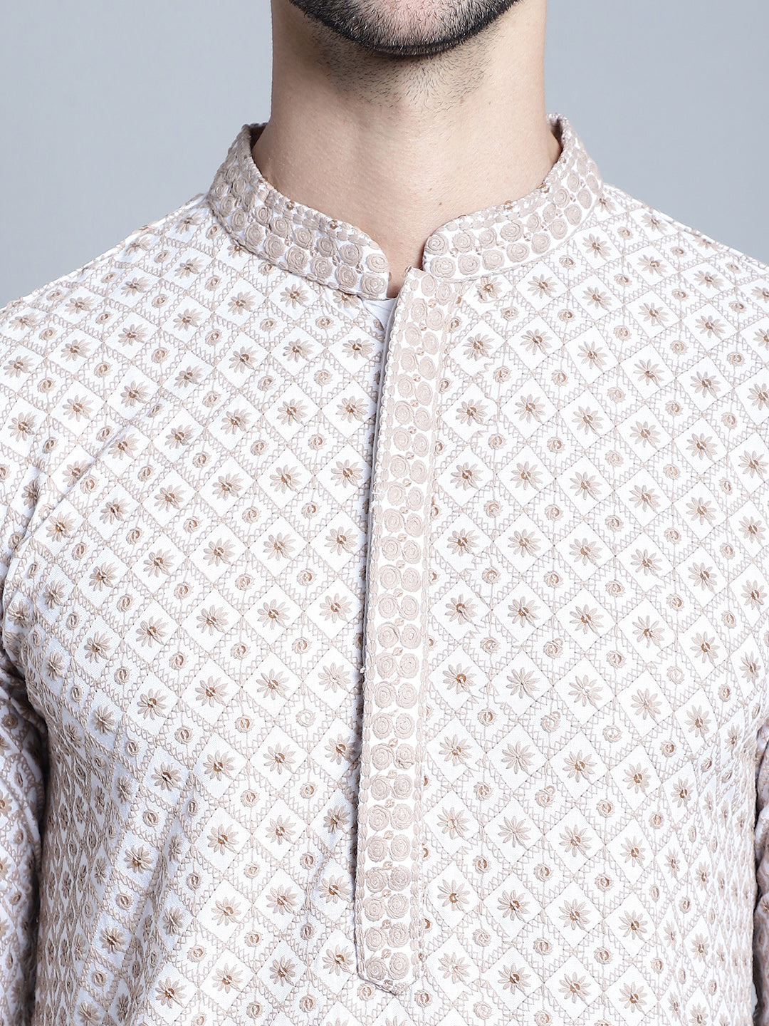 Jompers Men's Chikankari Embroidered Kurta with Pyjama - Beige