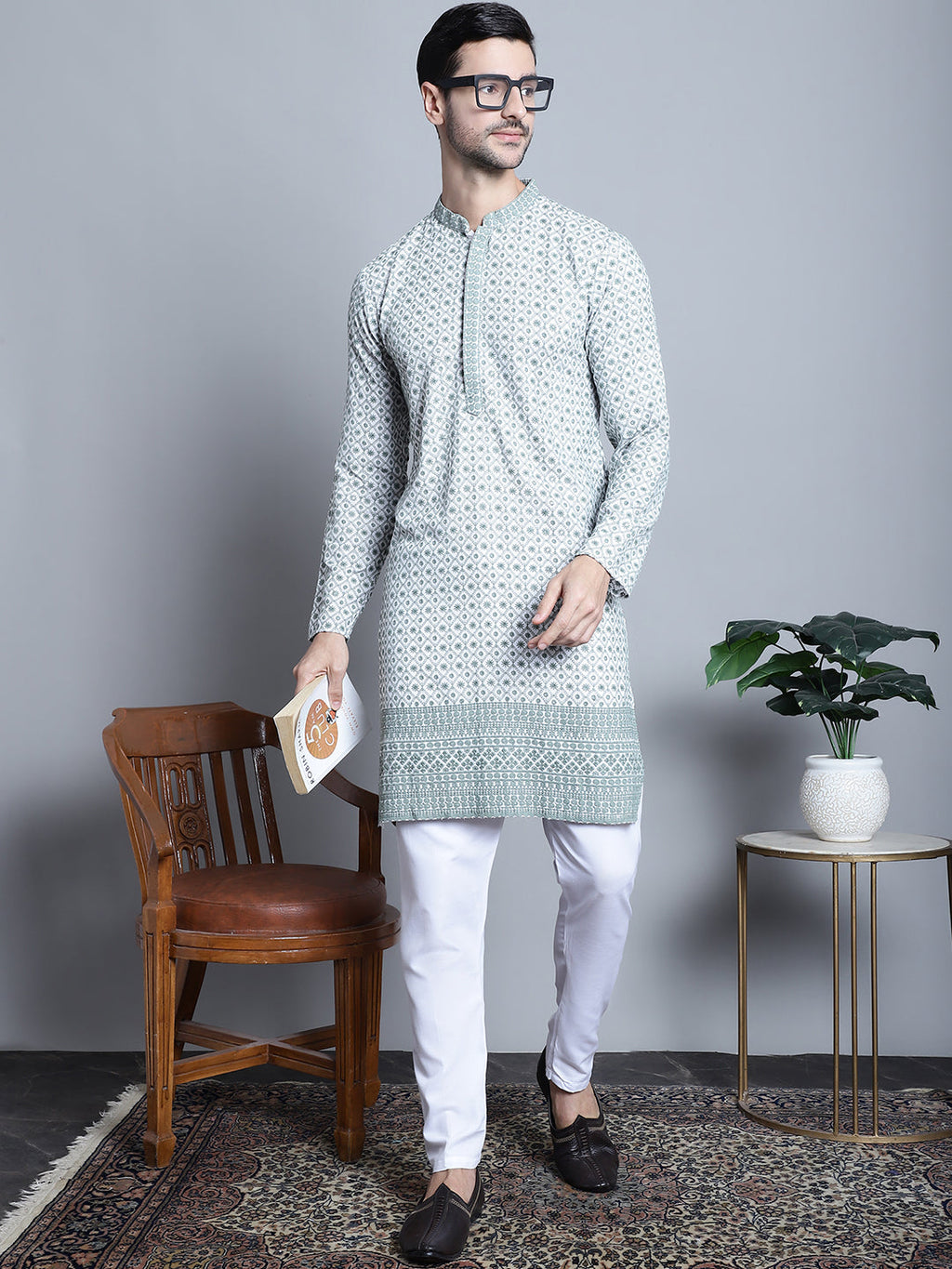 Jompers Men's Chikankari Embroidered Kurta with Pyjama - Blue