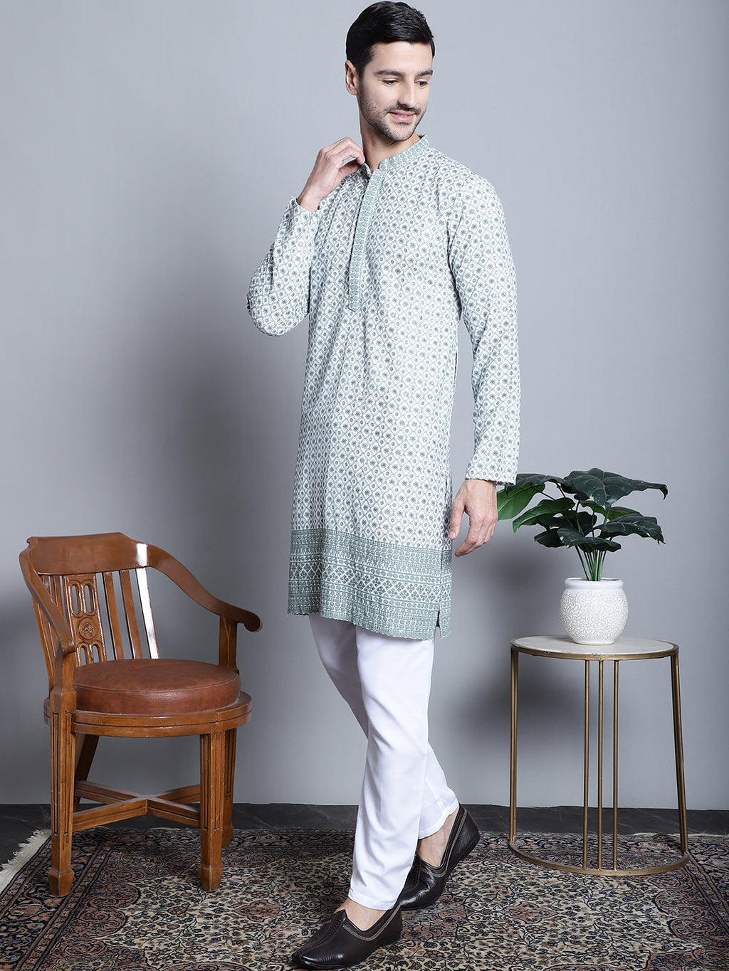 Jompers Men's Chikankari Embroidered Kurta with Pyjama - Blue