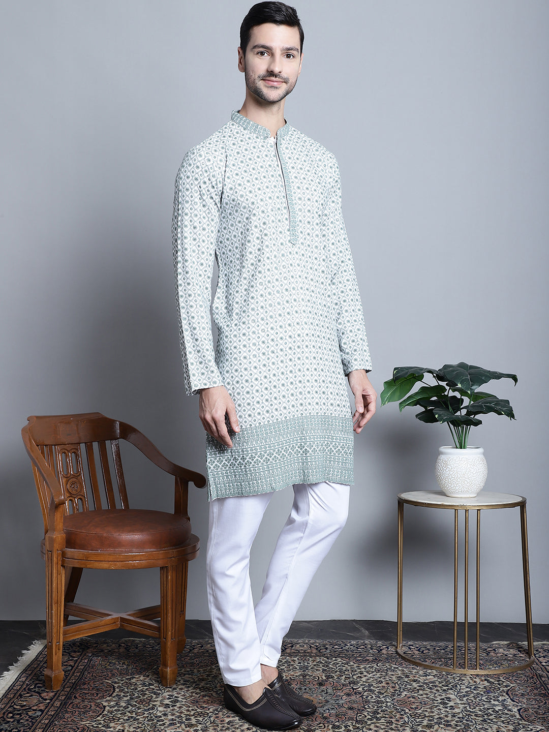 Jompers Men's Chikankari Embroidered Kurta with Pyjama - Blue