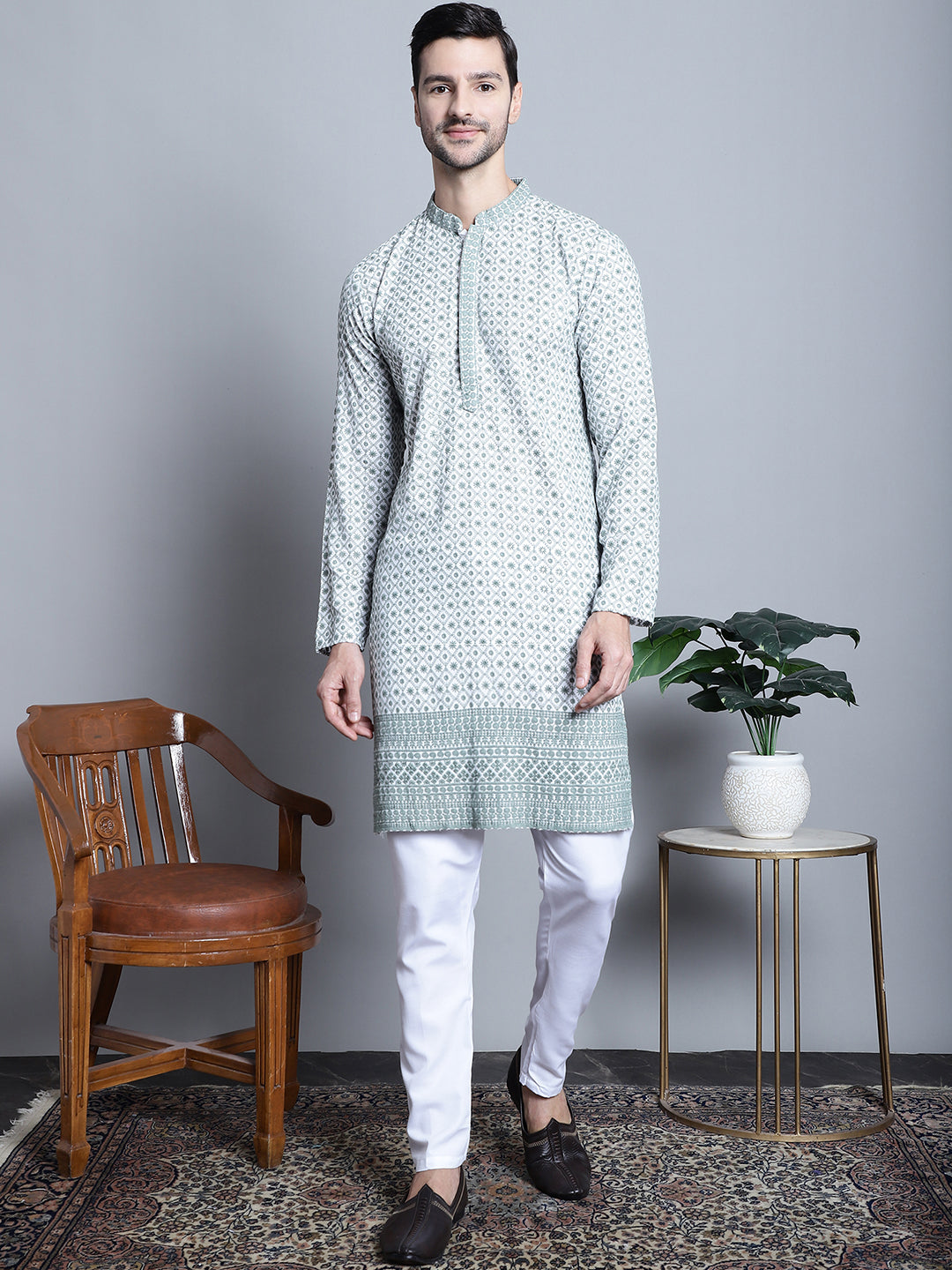 Jompers Men's Chikankari Embroidered Kurta with Pyjama - Blue