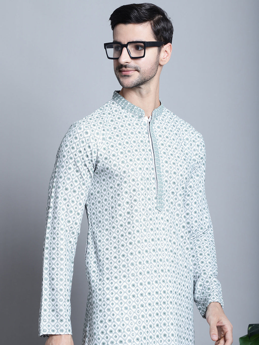 Jompers Men's Chikankari Embroidered Kurta with Pyjama - Blue