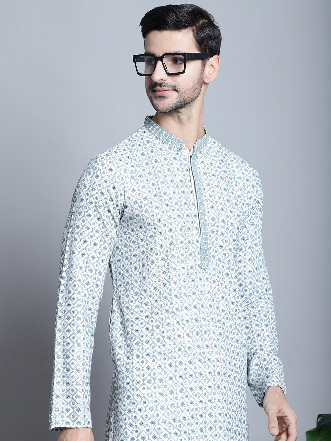 Jompers Men's Chikankari Embroidered Kurta with Pyjama - Blue