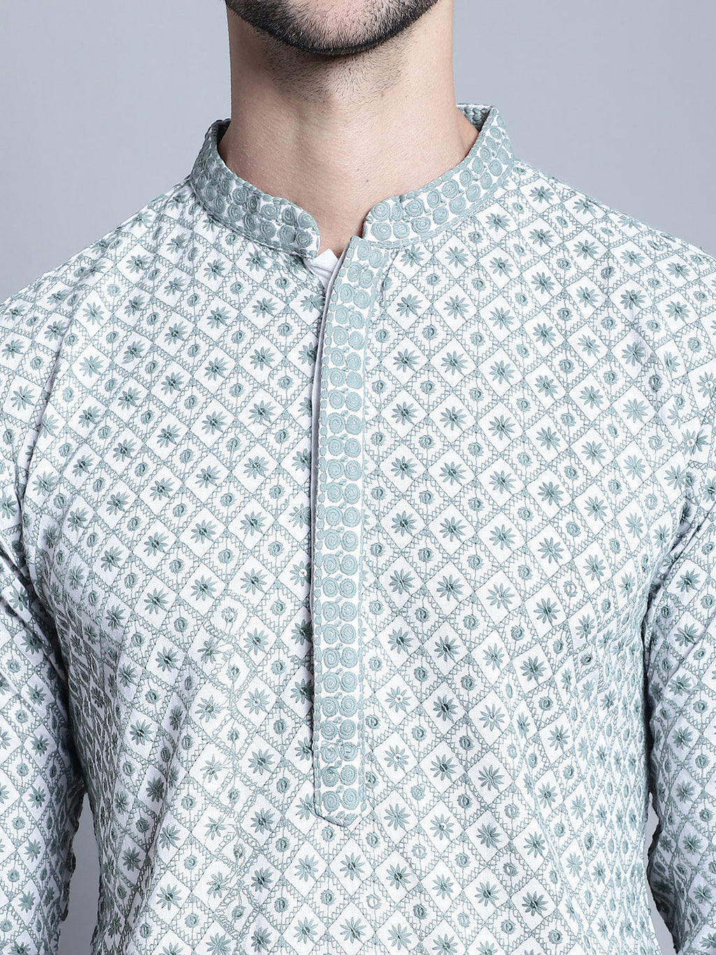 Jompers Men's Chikankari Embroidered Kurta with Pyjama - Blue