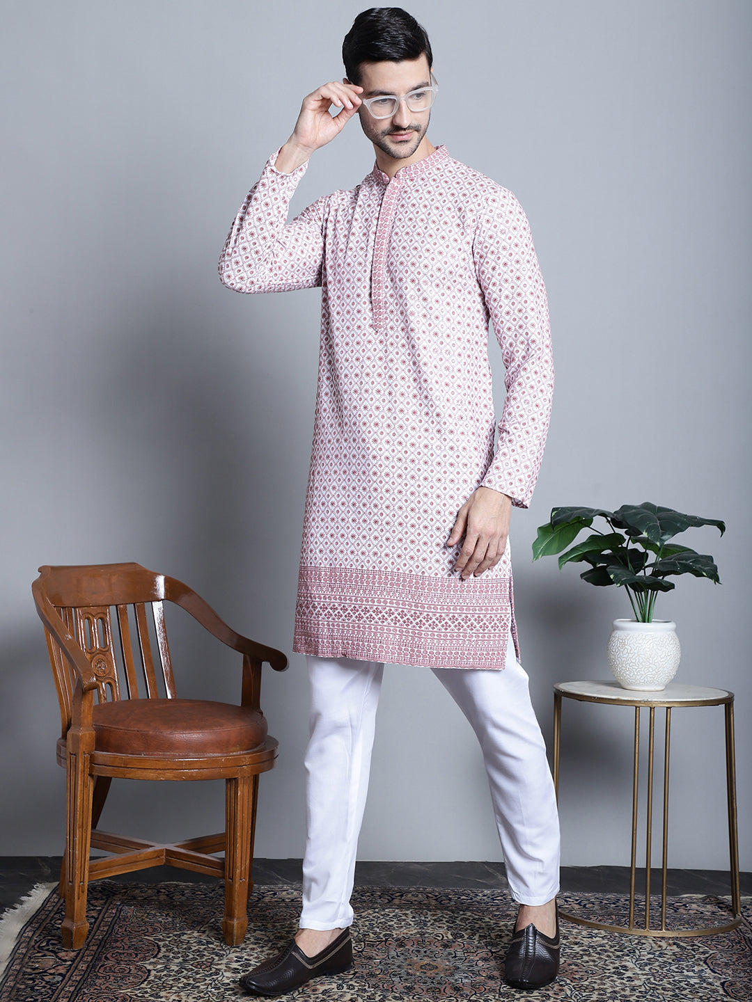 Jompers Men's Chikankari Embroidered Kurta with Pyjama - Pink