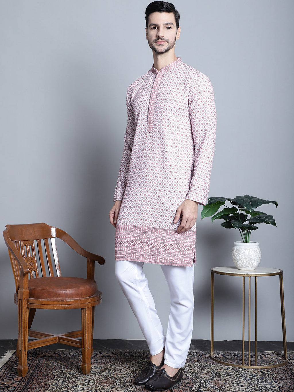 Jompers Men's Chikankari Embroidered Kurta with Pyjama - Pink