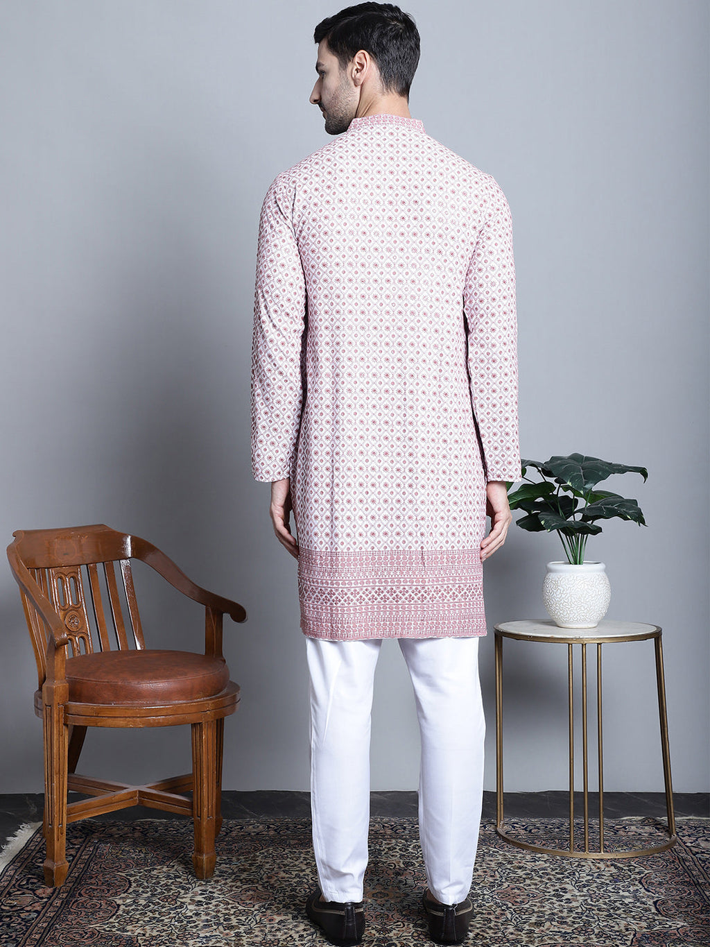 Jompers Men's Chikankari Embroidered Kurta with Pyjama - Pink