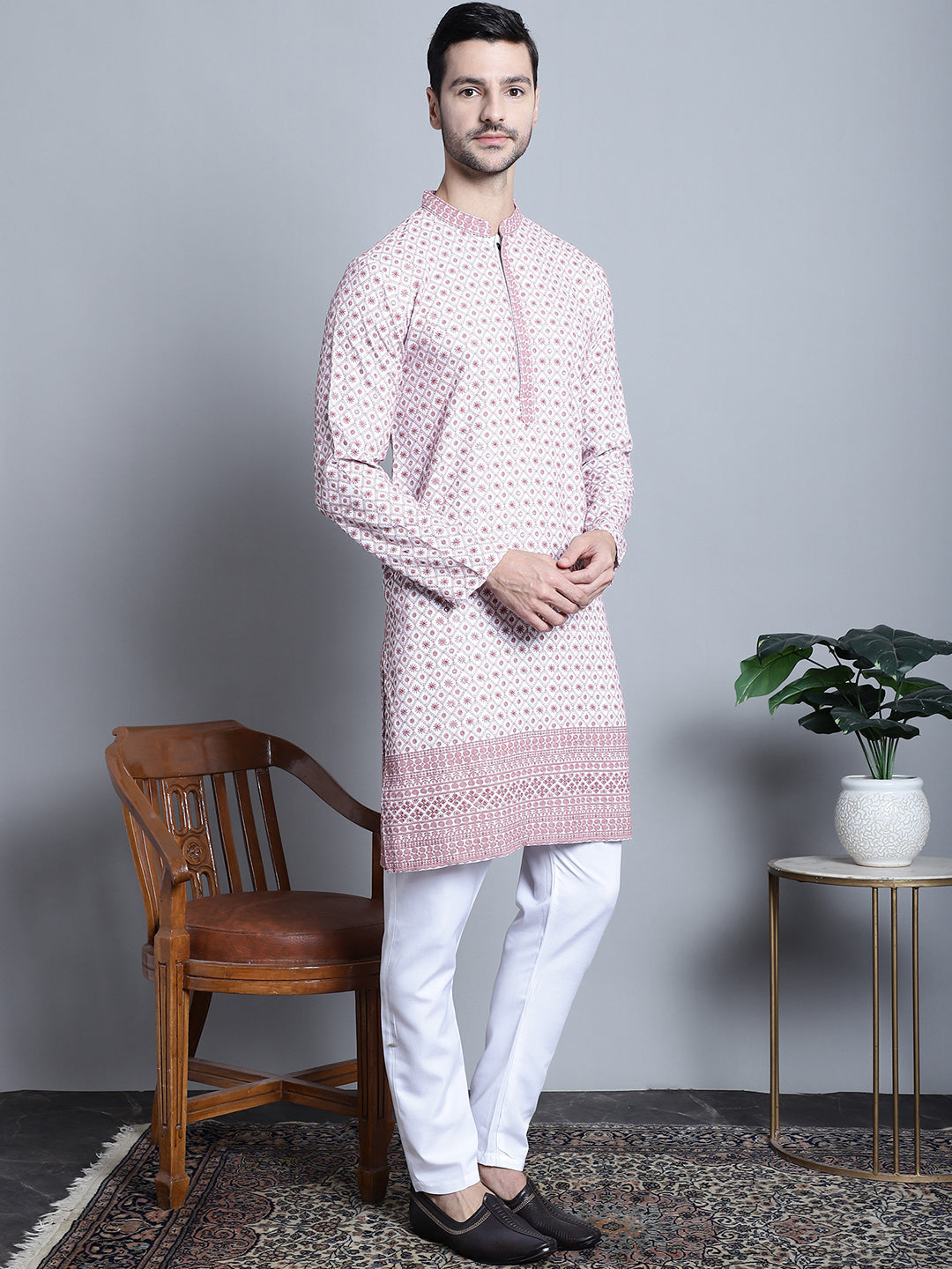 Jompers Men's Chikankari Embroidered Kurta with Pyjama - Pink