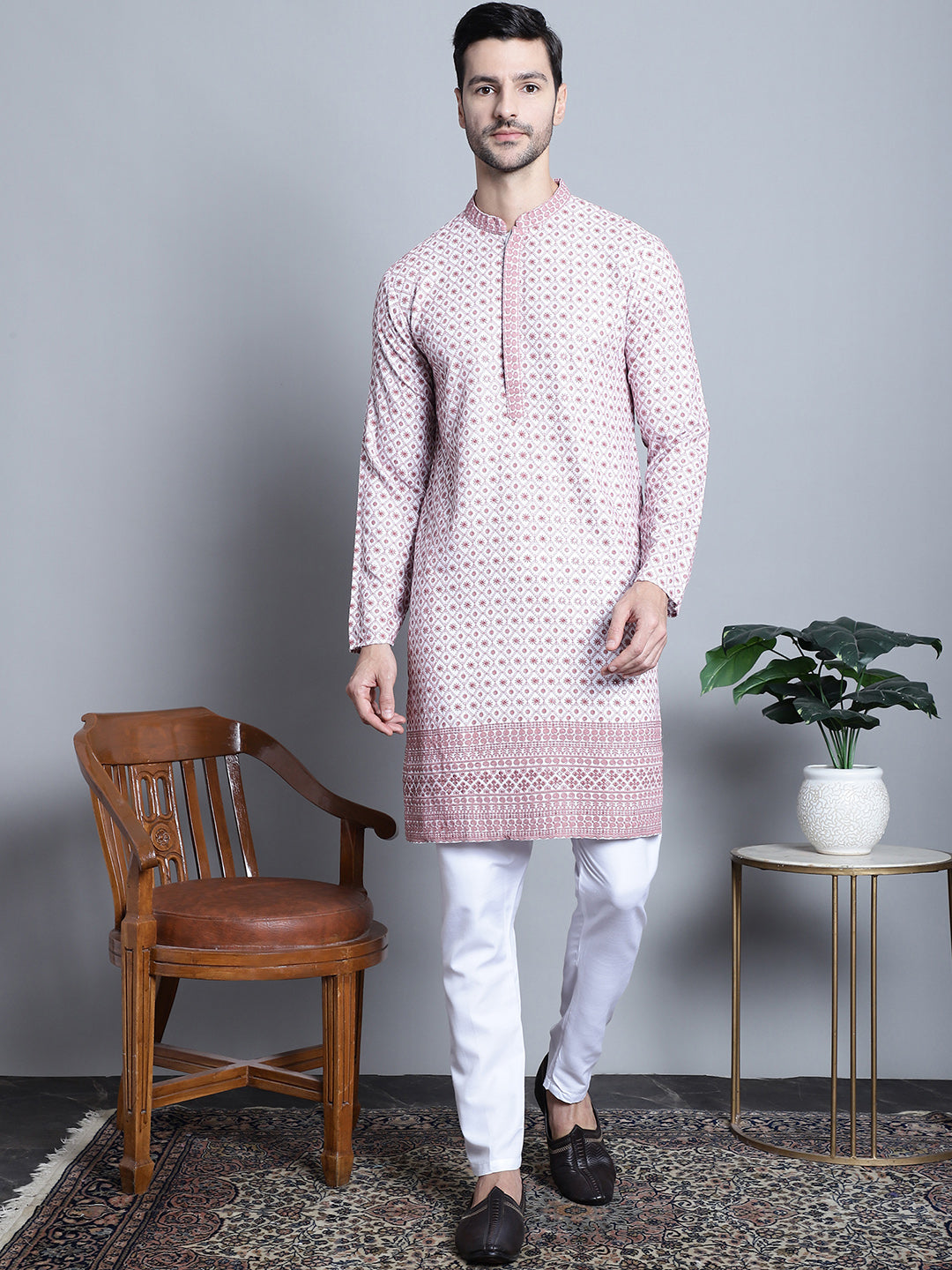 Jompers Men's Chikankari Embroidered Kurta with Pyjama - Pink