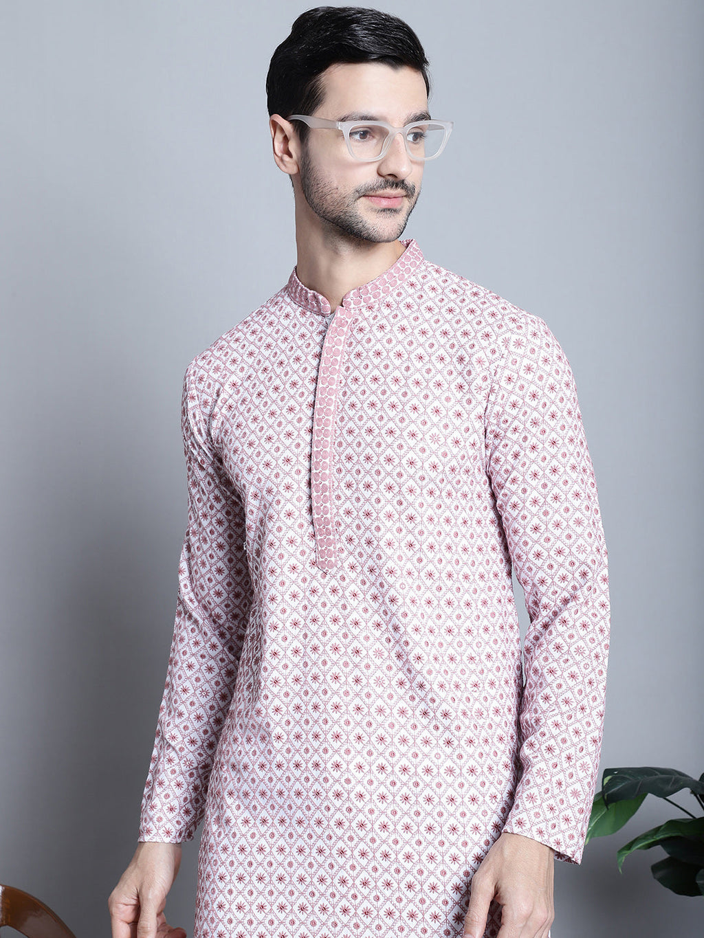 Jompers Men's Chikankari Embroidered Kurta with Pyjama - Pink