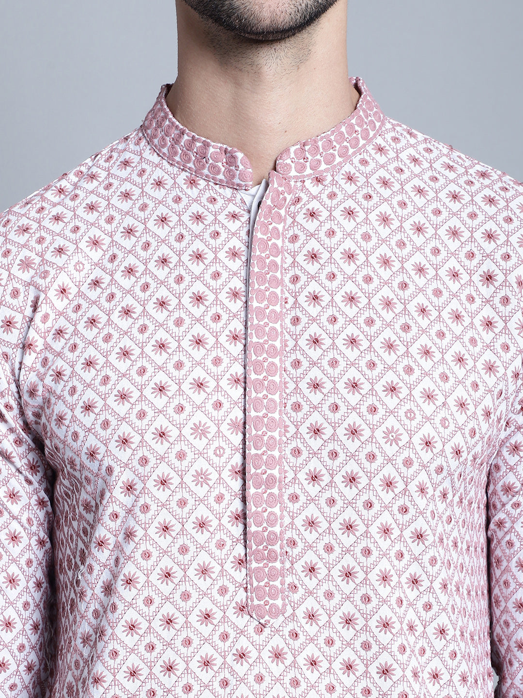 Jompers Men's Chikankari Embroidered Kurta with Pyjama - Pink