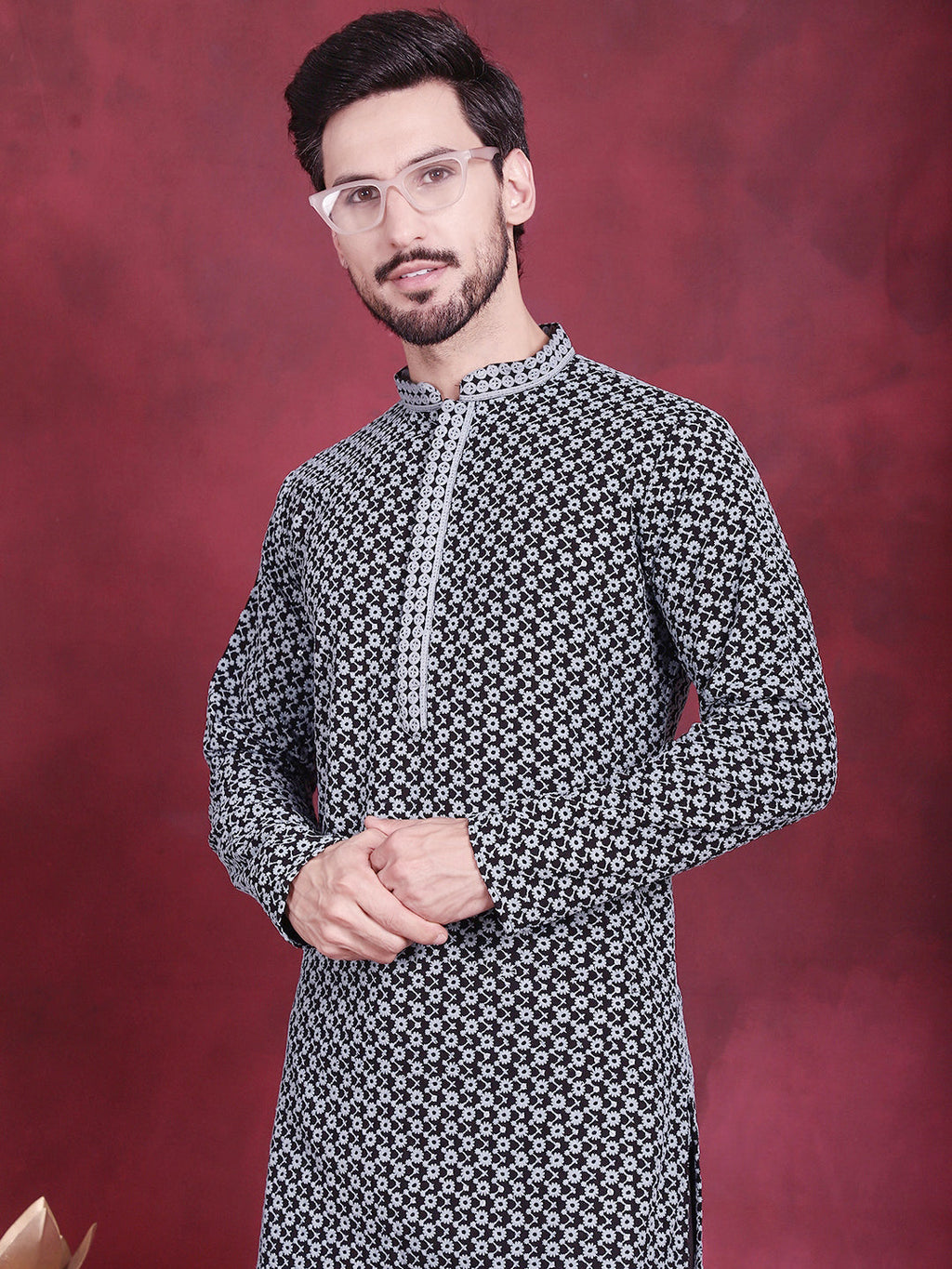 Jompers Men's Sequins Embroidered Kurta with Pyjama - Grey