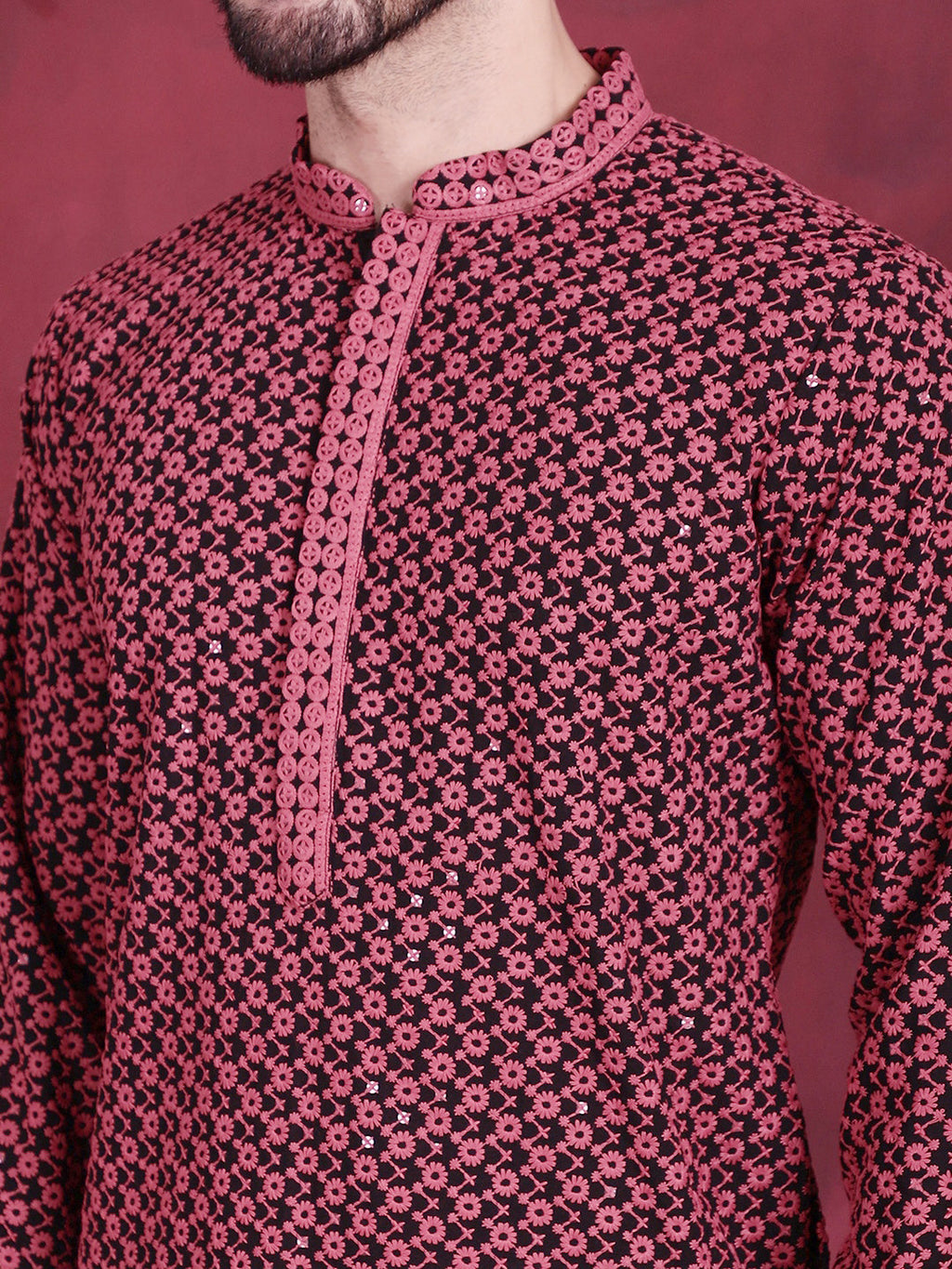 Jompers Men's Sequins Embroidered Kurta with Pyjama - Magenta