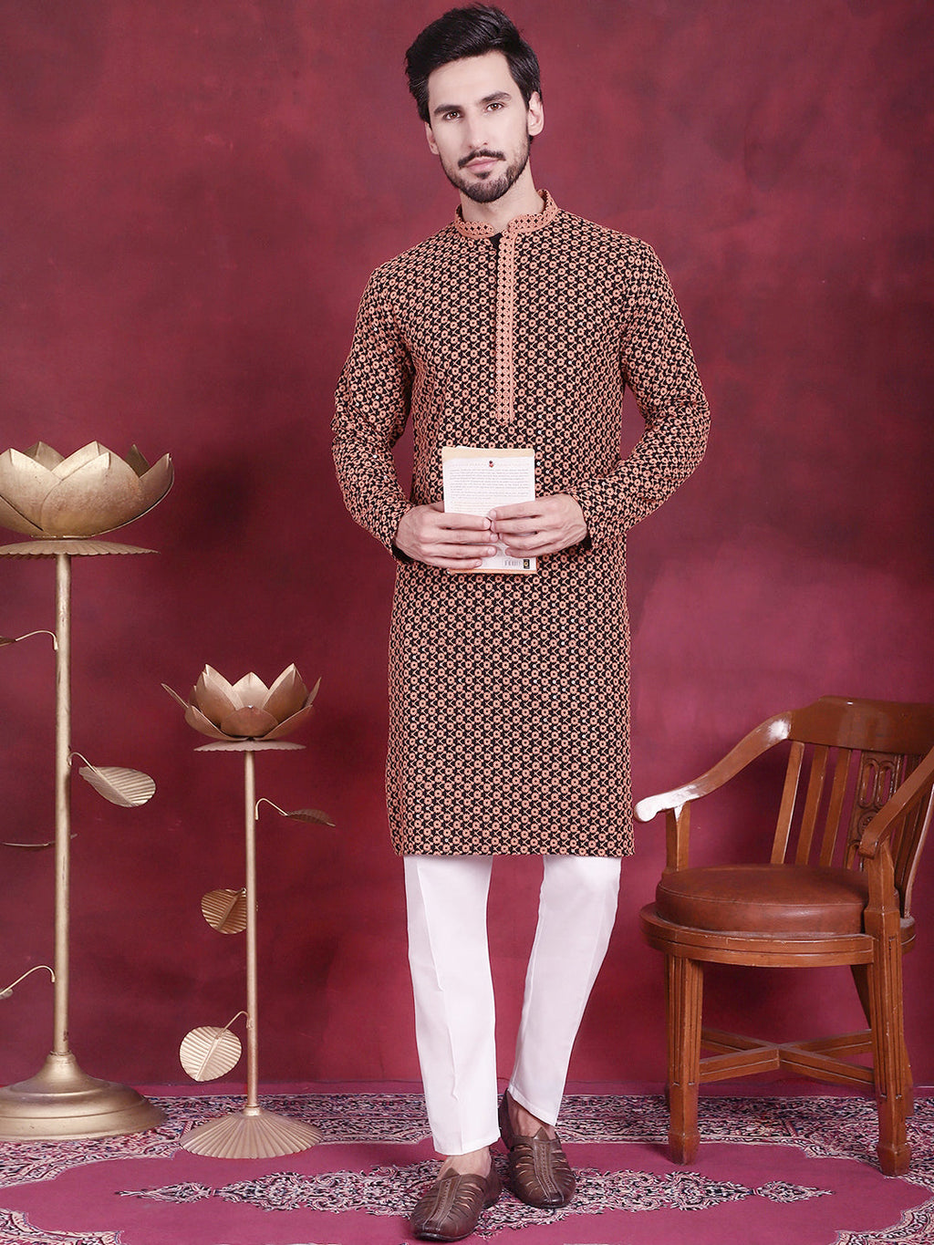 Jompers Men's Sequins Embroidered Kurta with Pyjama - Orange