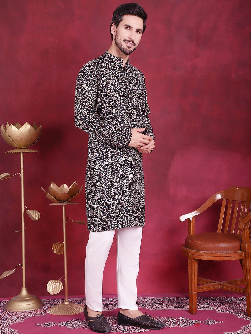 Jompers Men's Digital Printed Kurta with Pyjama - Navy Blue