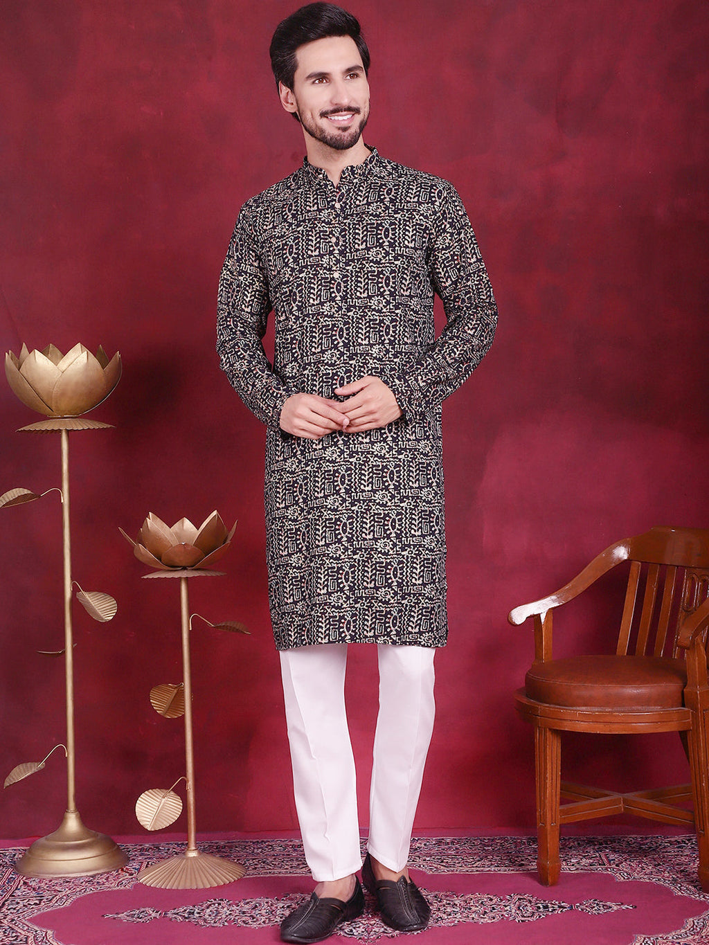 Jompers Men's Digital Printed Kurta with Pyjama - Navy Blue