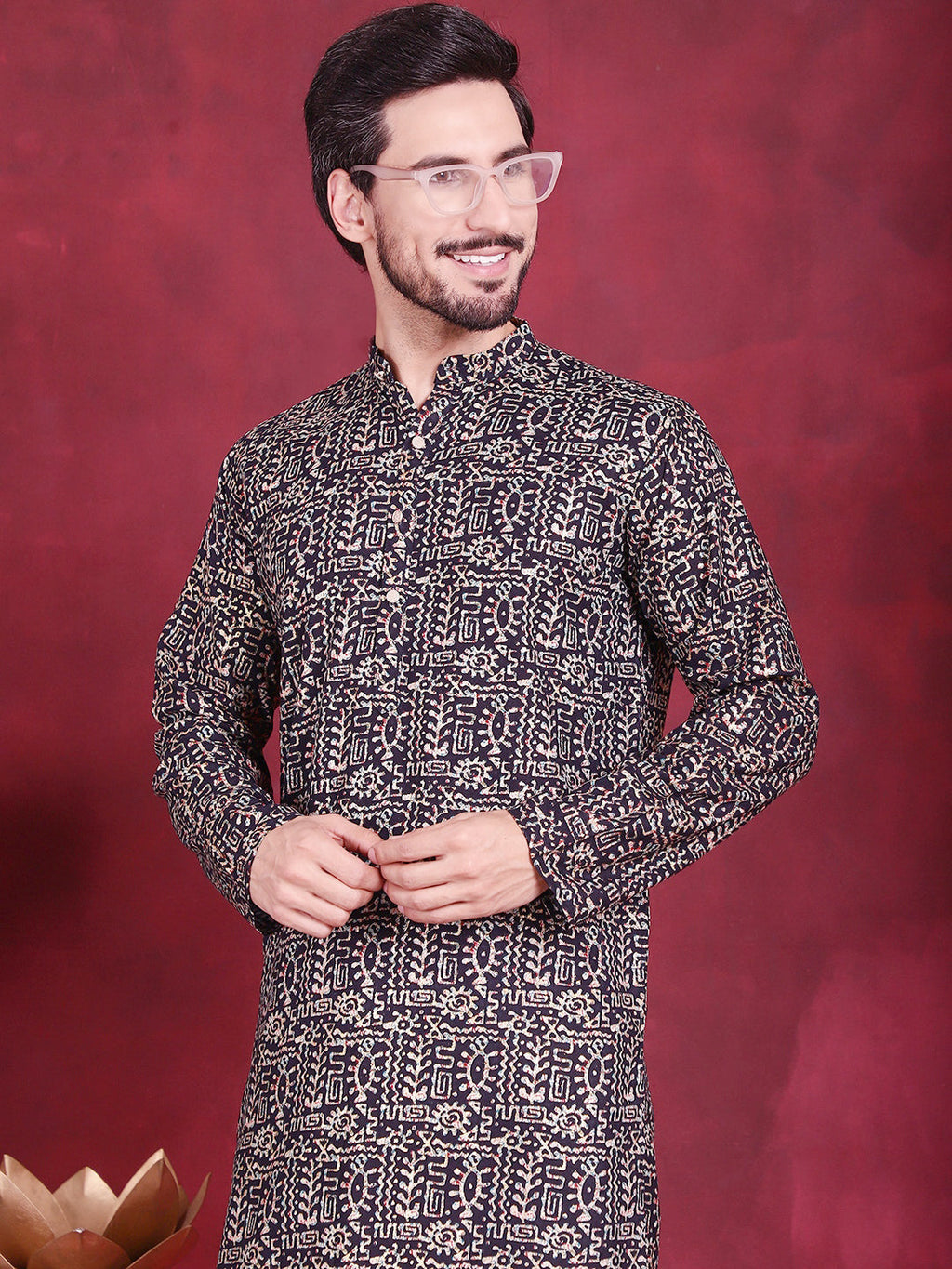 Jompers Men's Digital Printed Kurta with Pyjama - Navy Blue