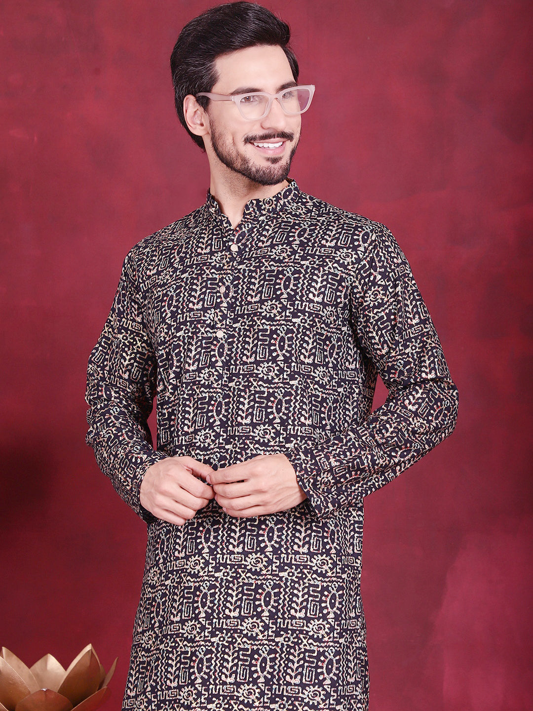 Jompers Men's Digital Printed Kurta with Pyjama - Navy Blue