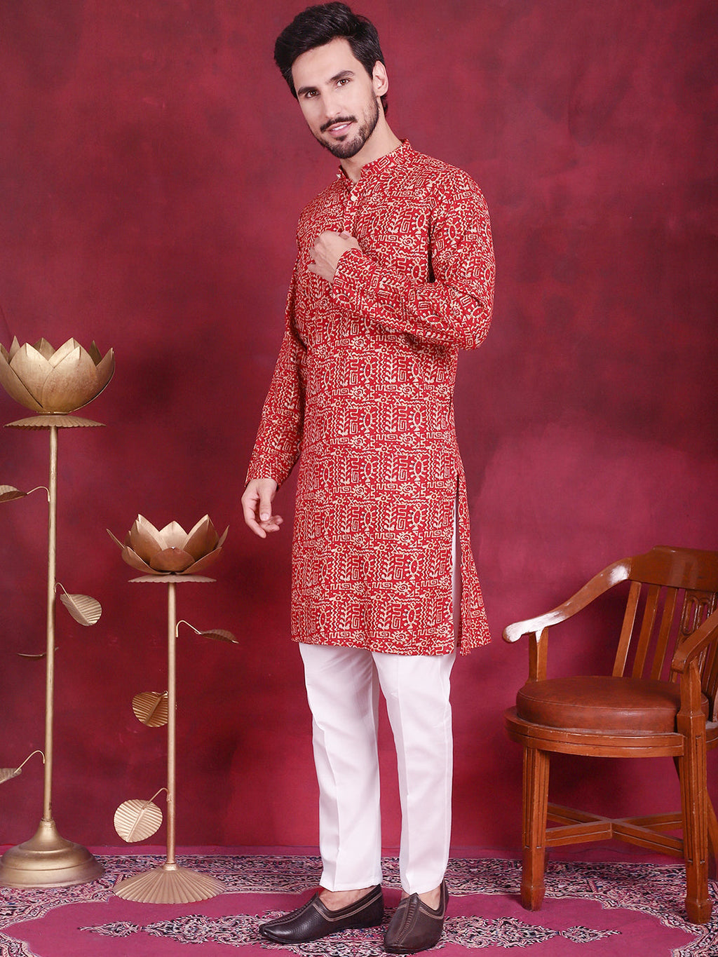Jompers Men's Digital Printed Kurta with Pyjama - Red