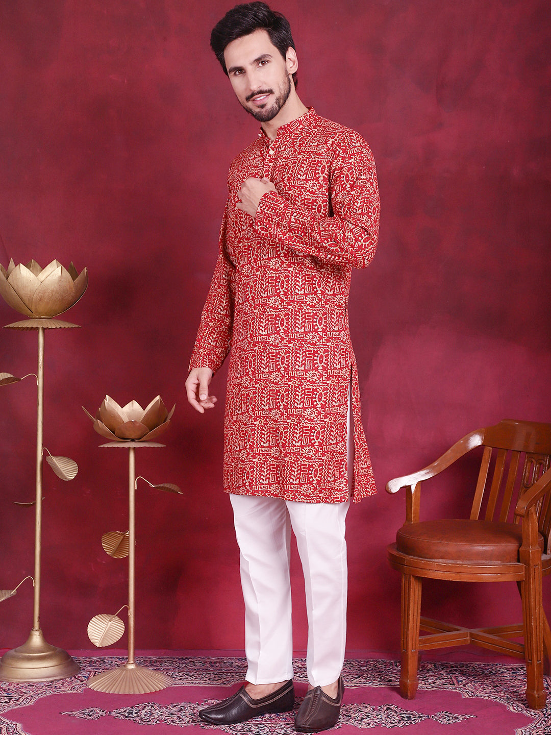 Jompers Men's Digital Printed Kurta with Pyjama - Red