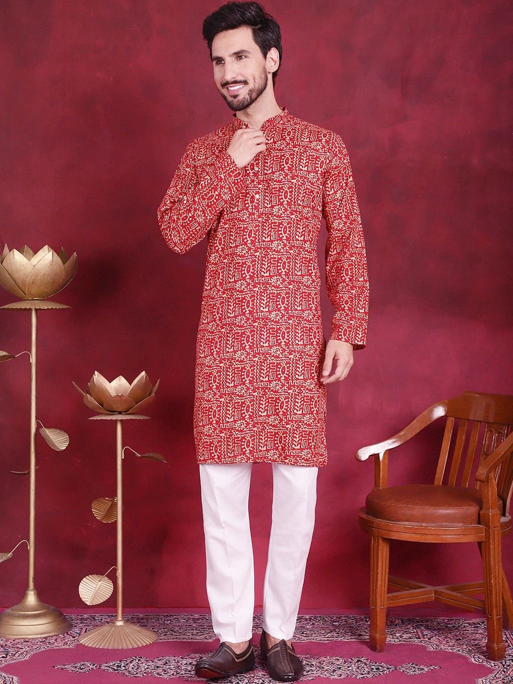 Jompers Men's Digital Printed Kurta with Pyjama - Red