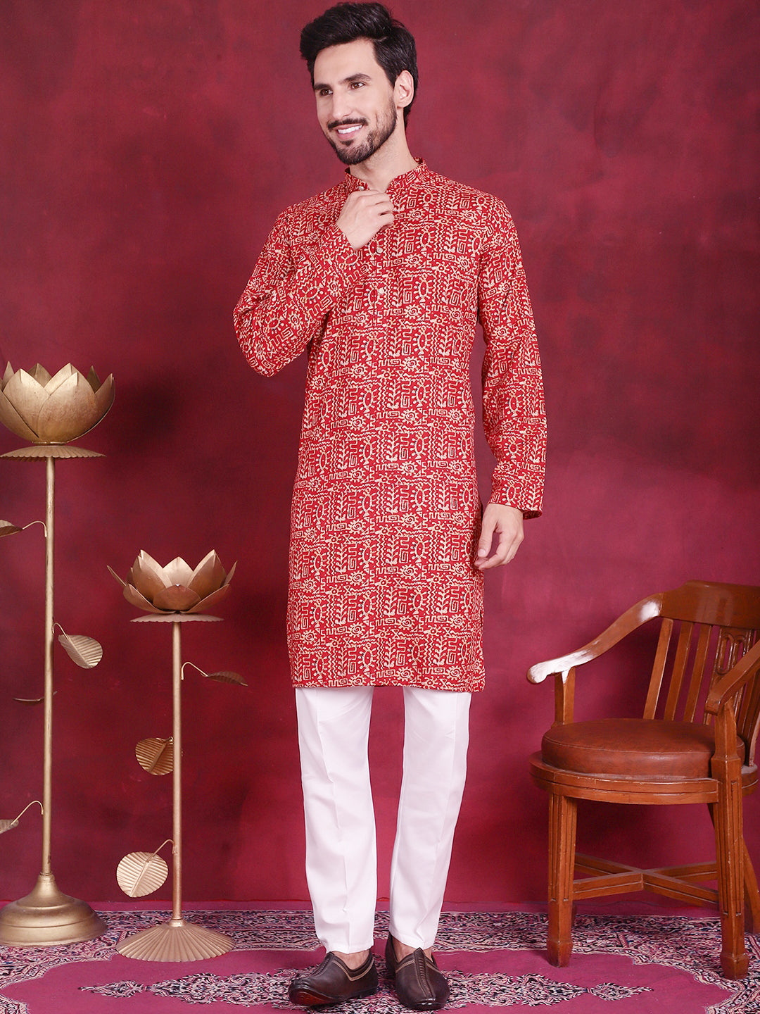 Jompers Men's Digital Printed Kurta with Pyjama - Red