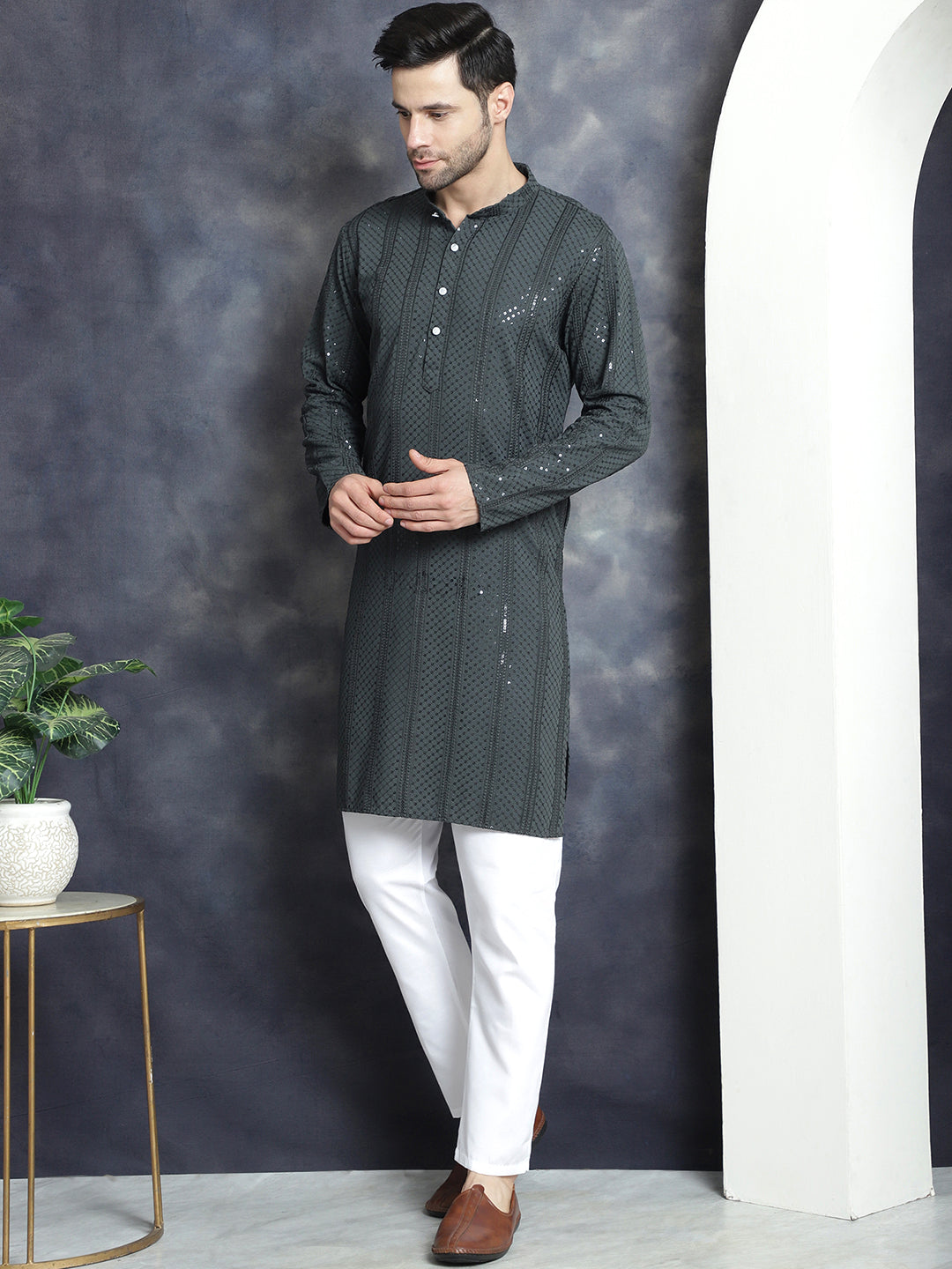 Jompers Men's Sequins Chikankari Embroidered Kurta with Pyjama - Grey