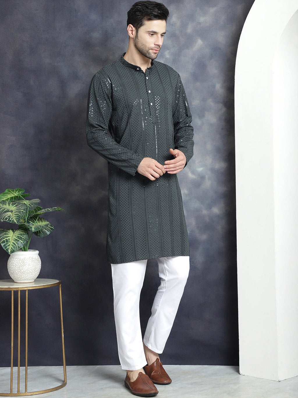 Jompers Men's Sequins Chikankari Embroidered Kurta with Pyjama - Grey