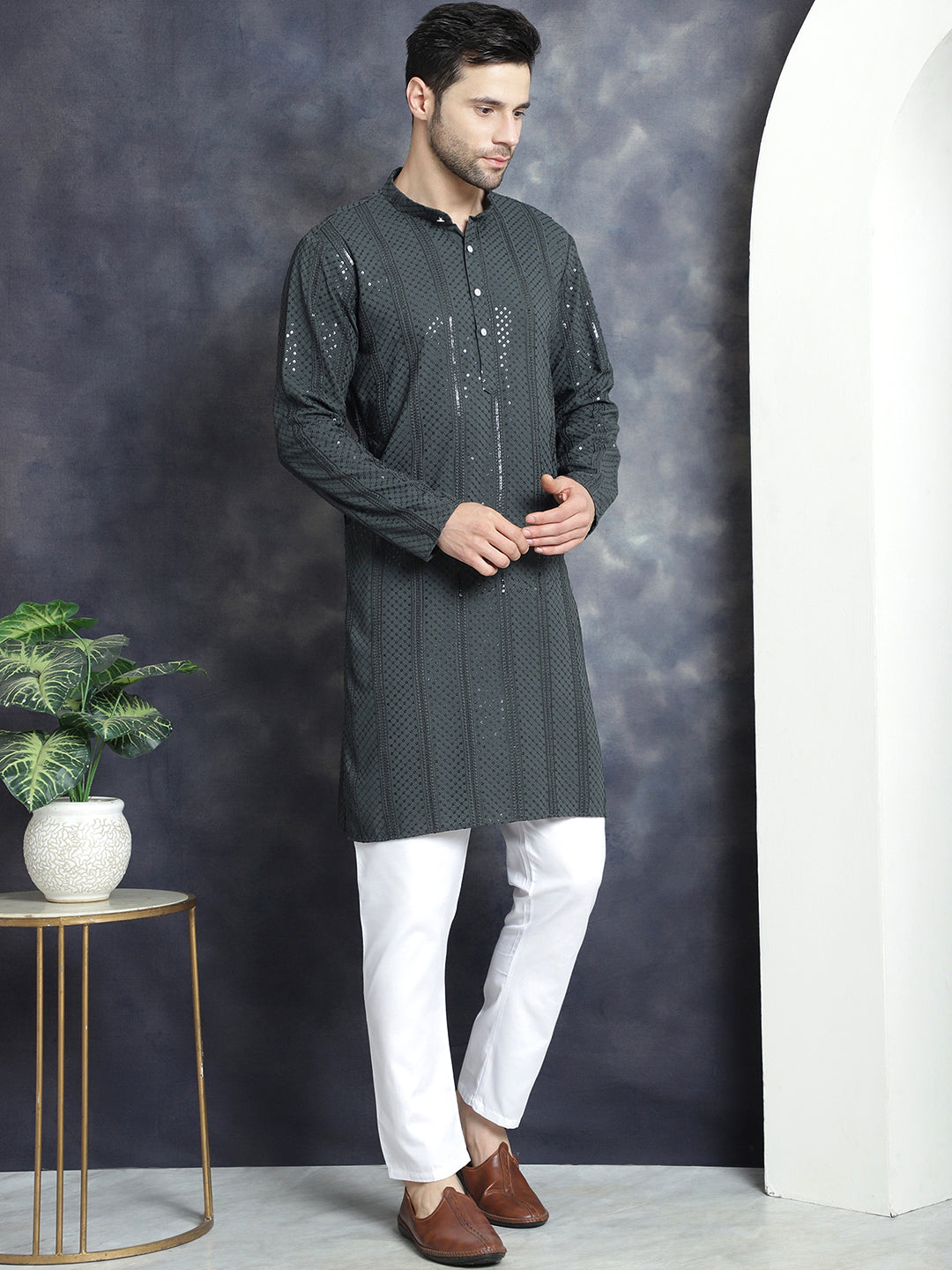 Jompers Men's Sequins Chikankari Embroidered Kurta with Pyjama - Grey