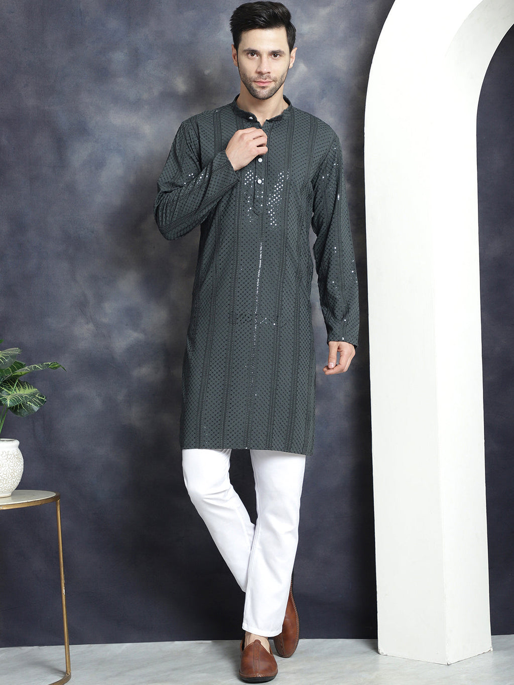 Jompers Men's Sequins Chikankari Embroidered Kurta with Pyjama - Grey