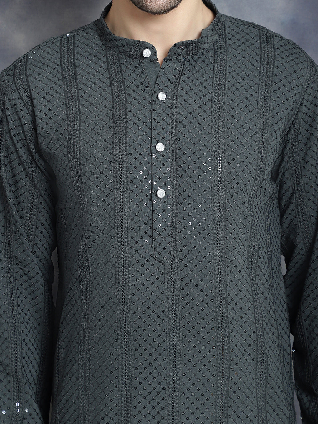 Jompers Men's Sequins Chikankari Embroidered Kurta with Pyjama - Grey