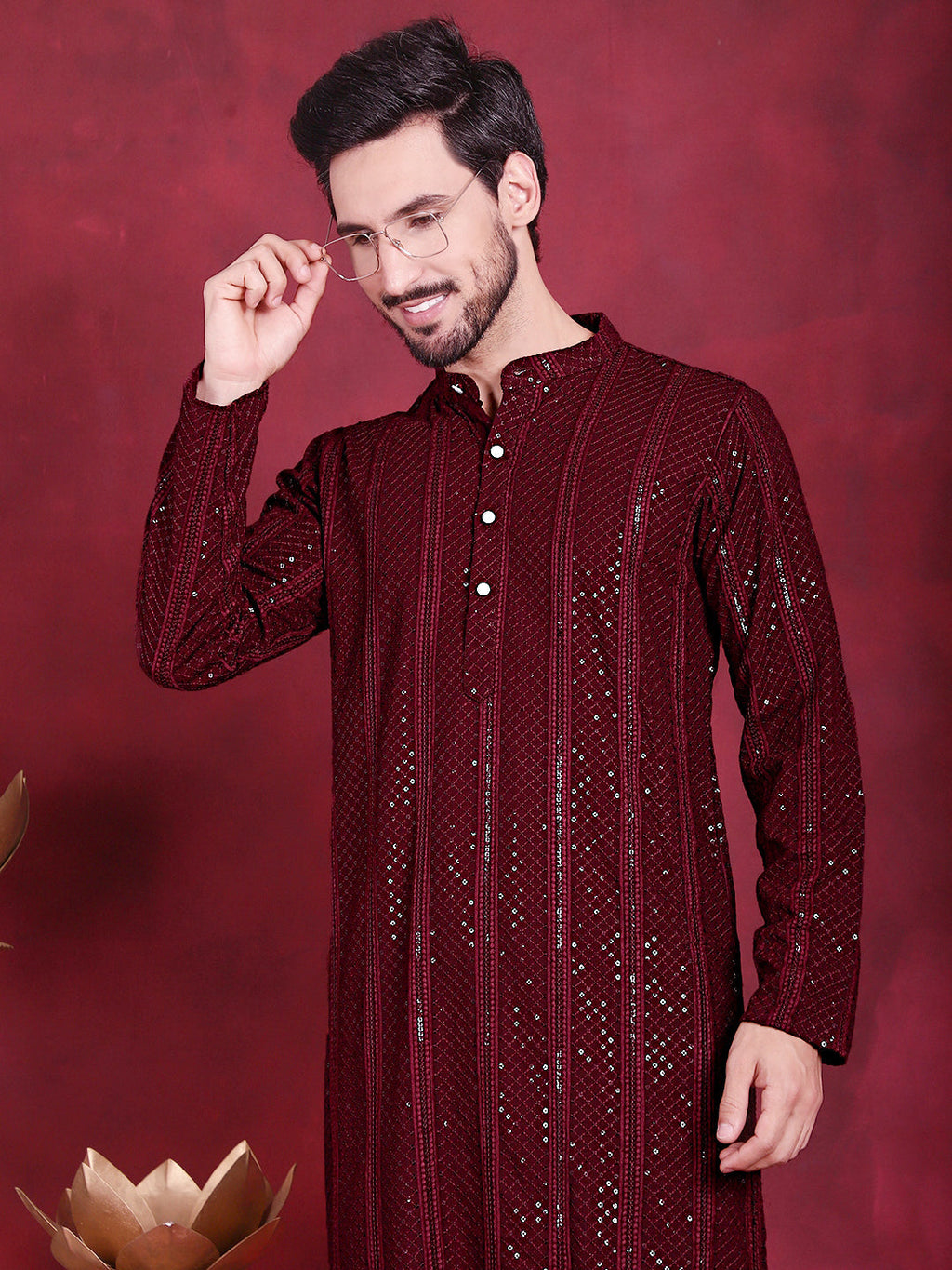 Jompers Men's Sequins Chikankari Embroidered Kurta with Pyjama - Maroon