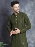 Jompers Men's Sequins Chikankari Embroidered Kurta with Pyjama - Mehndi
