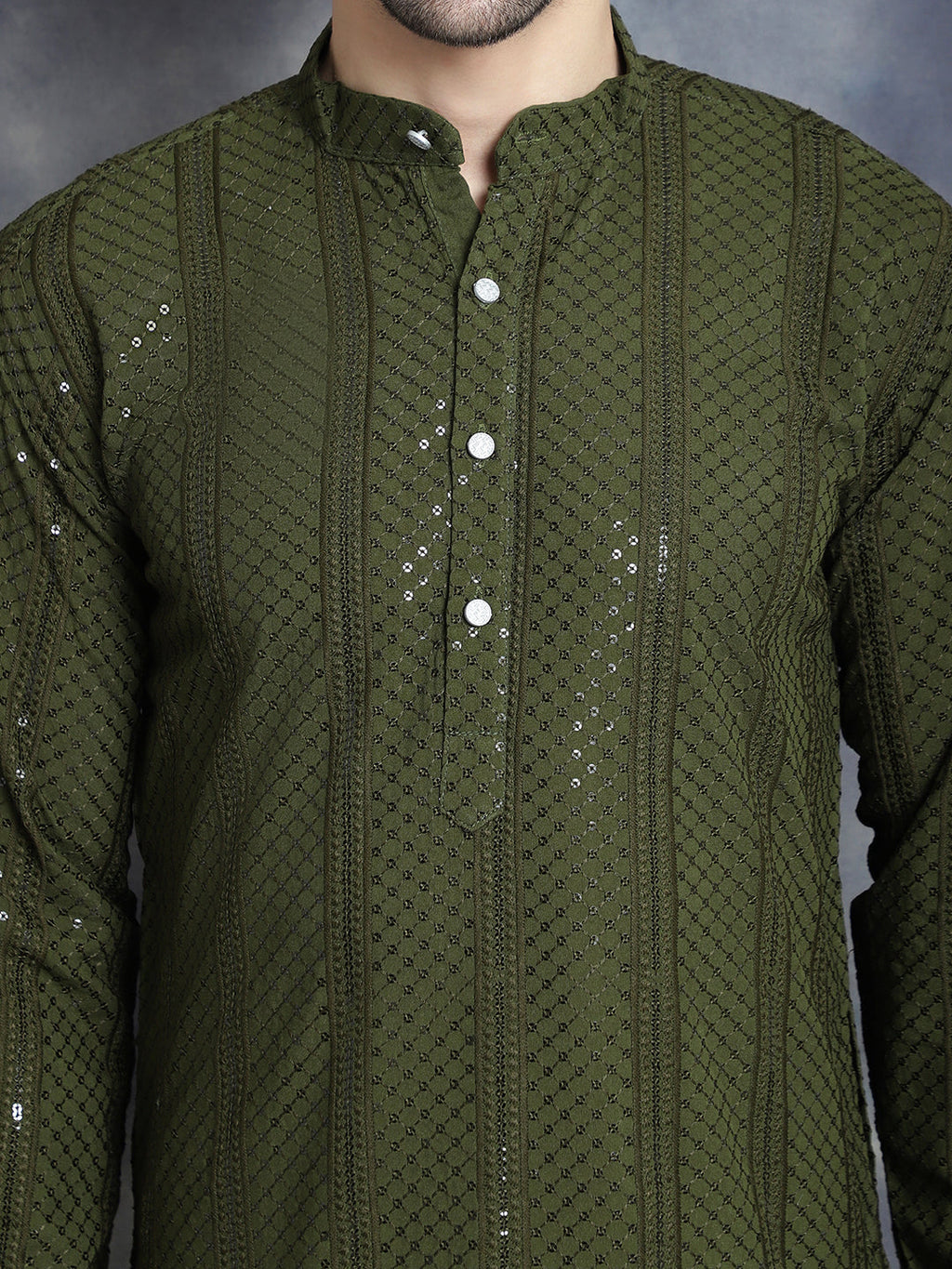Jompers Men's Sequins Chikankari Embroidered Kurta with Pyjama - Mehndi
