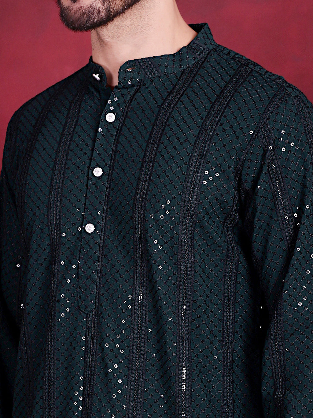 Jompers Men's Sequins Chikankari Embroidered Kurta with Pyjama - Olive