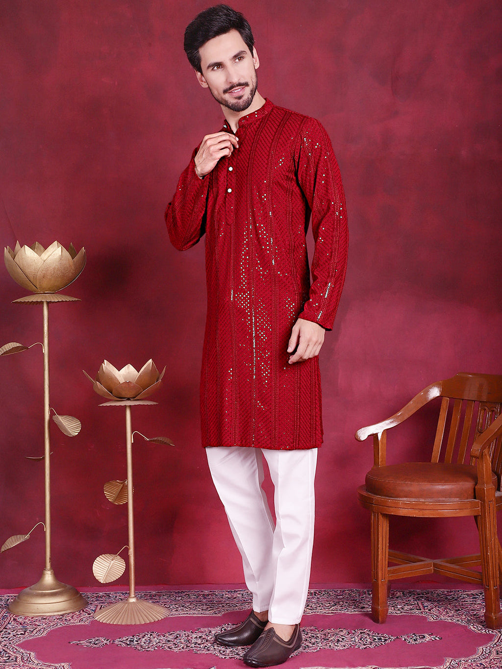 Jompers Men's Sequins Chikankari Embroidered Kurta with Pyjama - Red