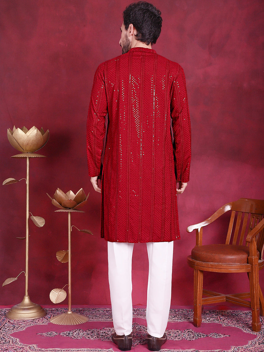 Jompers Men's Sequins Chikankari Embroidered Kurta with Pyjama - Red