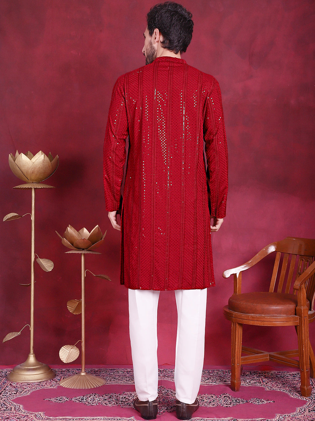 Jompers Men's Sequins Chikankari Embroidered Kurta with Pyjama - Red