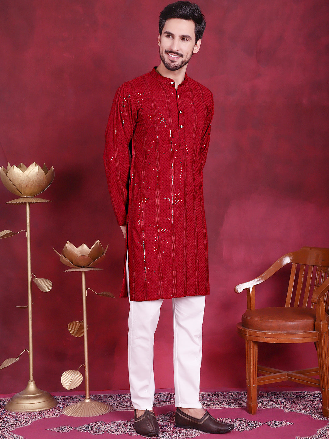 Jompers Men's Sequins Chikankari Embroidered Kurta with Pyjama - Red