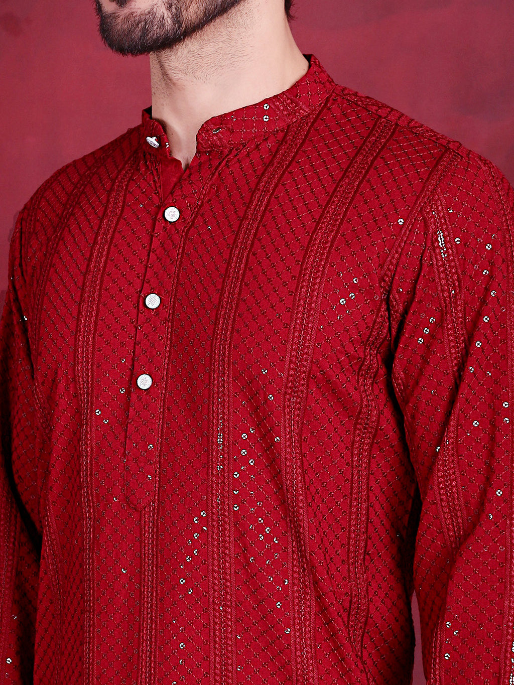 Jompers Men's Sequins Chikankari Embroidered Kurta with Pyjama - Red